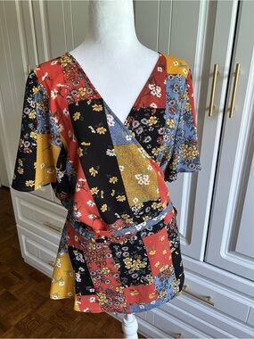 A New Day Floral Patchwork Wrap Top in Black, Mustard & Slate Blue